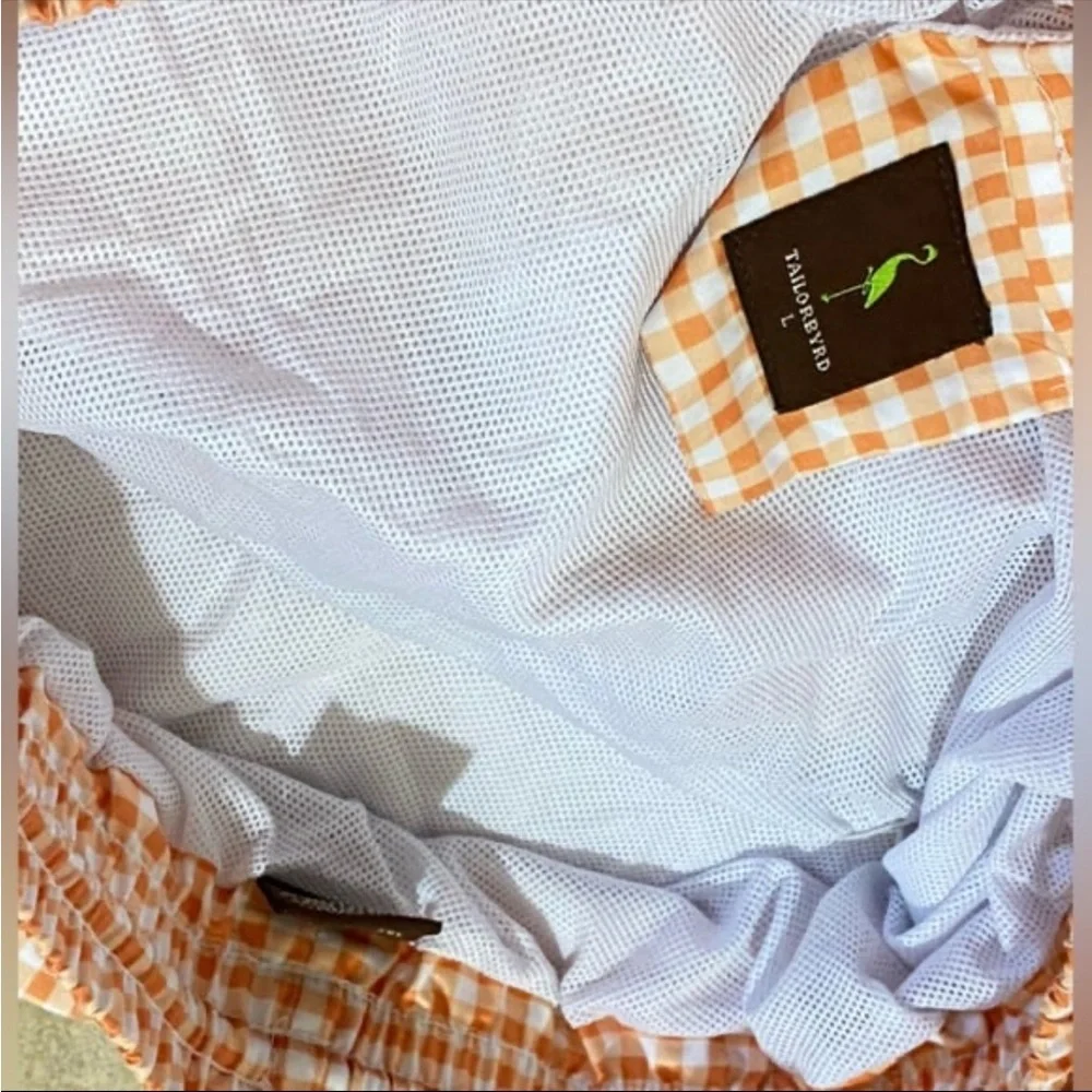 TailorByrd Mens Swim Trunks Large Orange White Gingham 6” Inseam Lined Pockets